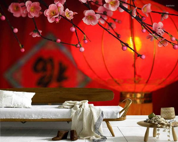Duvar Kağıtları Papel De Parede Geleneksel Kırmızı Fener ve Şeftali Blossom Çin tarzı 3D Duvar Kağıdı Oturma Odası TV Yatak Odası Restoran Duvar Resmi