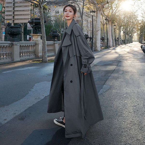 Trench da donna stile coreano sciolto oversize X-lungo trench da donna doppiopetto con cintura mantello da donna giacca a vento primavera autunno capispalla grigio 230130