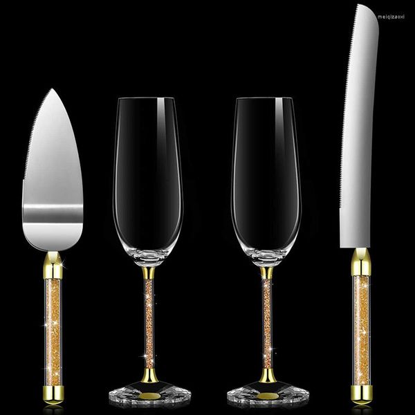 Bicchieri da vino 4 pezzi di cui 2 champagne 1 coltello e pala in scatola Flauti per tostatura nuziale Set per torta Set di perline scintillanti