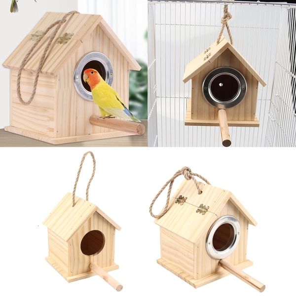 Gabbie per uccelli Casa in legno con supporti per parrocchetti Animali domestici Pappagalli Nidificazione per gabbia Esterno Interno Nido in legno sospeso 2 dimensioni 230130