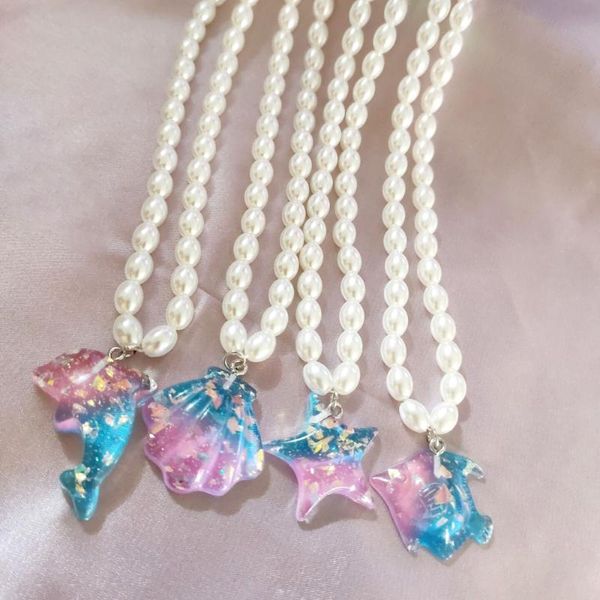 Anhänger Halsketten Böhmische Nachahmung Perle Ozean Tier Halskette Für Frauen Einfache Simulierte Perle Harz Fisch Shell Delphin Kurze HalskettePend