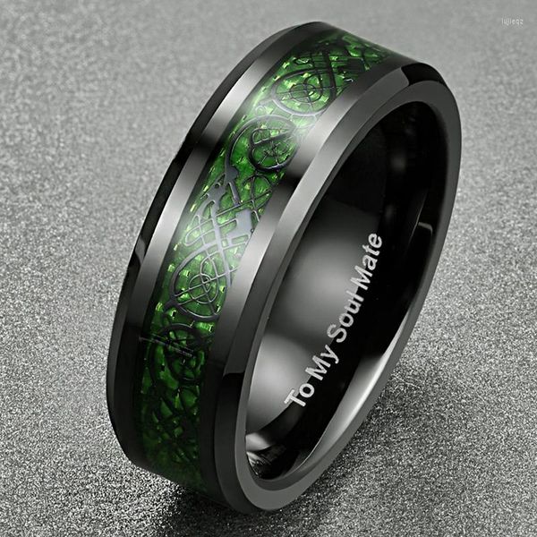 Anéis de casamento JQueen 8mm de fibra de carbono de zircão verde anel Dragon Padrão de tungstênio carboneto preto colorido jóias masculinas