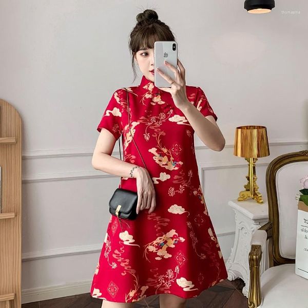 Ethnische Kleidung M-4XL 2023 Jahr Rot Sommer Trend Street Fashion Moderne Cheongsam A-line Kleid Frauen Qipao Traditionelle Chinesische Kleidung DD799