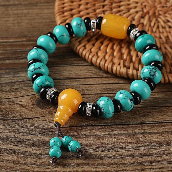 Pulseira de estilo étnico Strand chinês eólico turquesa vermelha pinheiro pinheiro tibetano contas budistas de alojamento BraceL de placa de mão