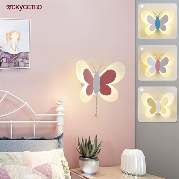 Lâmpada de parede quarto infantil de acrílico Butterfly liderado com puxar interruptor tricolor mutiável Kids Hallway Bedroom Bedside Night Lights