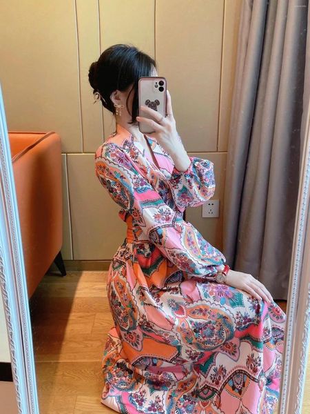 Casual Kleider ZRCC 2023 Mode Wrap Kleid Für Frauen Floral Totem Tribal Print Strand Stil Spitze Up V-ausschnitt Chic Vinatge vestidos Robe