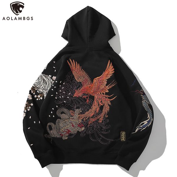 Erkek Hoodies Sweatshirts Aolamegs Erkekler Sonbahar Polar Hoodies Japon Nakışları Kapüşonlu Sweatshirtler Ejderha Phoenix Vintage Totem Totemler Sakat Sokak Giyim 230130