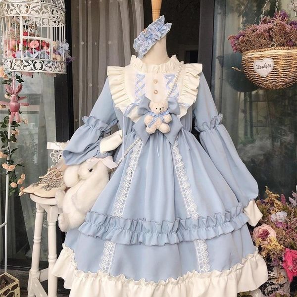 Vestidos casuais japoneses góticos lolita dres kawaii urso de arco renda azul manga longa princesa halloween traje para meninas 230130