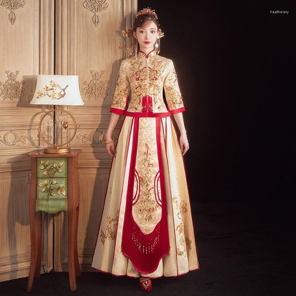 Roupas étnicas Champagne Vintage lantejoulas Bordado bordado Cheongsam estilo chinês vestido de noiva noiva traje de casamento oriental