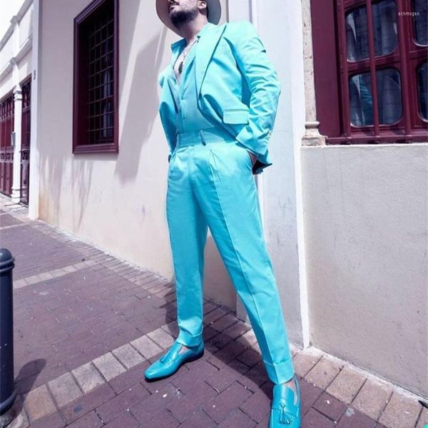 Ternos masculinos formaram forro de homens azuis pico de lapela no noivo de festas de blazer vestuário de negócios (calças de jaqueta) figurino homme personalizado feito