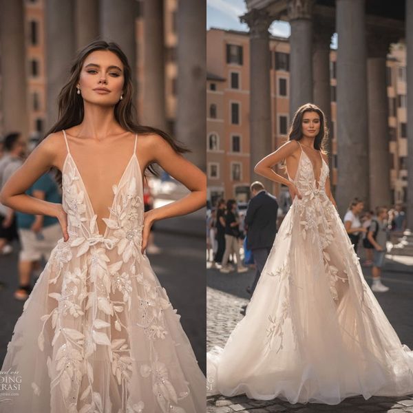 Boho Abiti da sposa con applicazioni di pizzo Abiti da sposa Sexy Berta 2023 Spaghetti Neck Bohemian Country Western Vestido De Novia