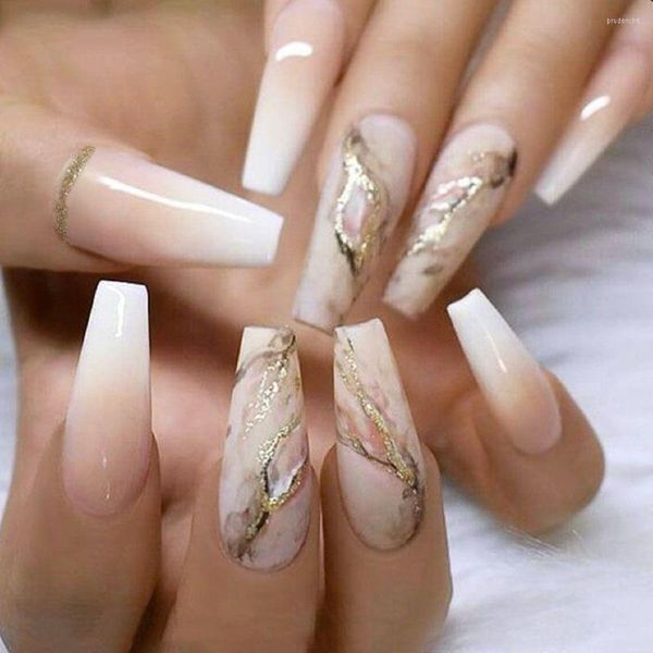 Unghie finte 24 Pz/scatola Nail Staccabile Gradiente di Marmo Lunga Bara Strumento per Manicure Indossabile Lamina D'oro Ballerina Suggerimenti per la Copertura Completa