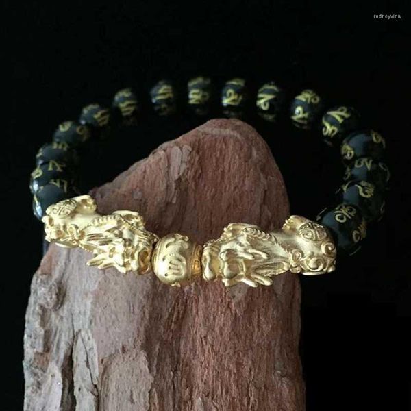 Strang Perlen Stränge Reines Kupfer Doppel Pixiu Feng Shui Geschenk Obsidian Armband Für Mann Und Frauen Handgemacht Gute Glück Amulett SchmuckBeaded