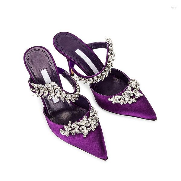 Sandali PDEP Luxury Handmade Statin Silk Close Toe Women Slipper Heels Shining Rhinestone Mule Stiletto Pointed Shoes