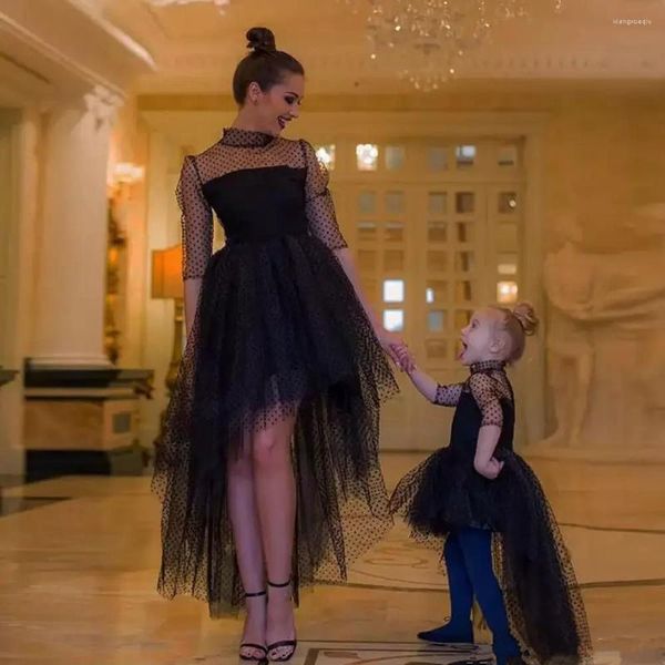 Vestidos de menina preto com alta mãe baixa filha flor para pontos de casamento tule tulle garotas de concurso