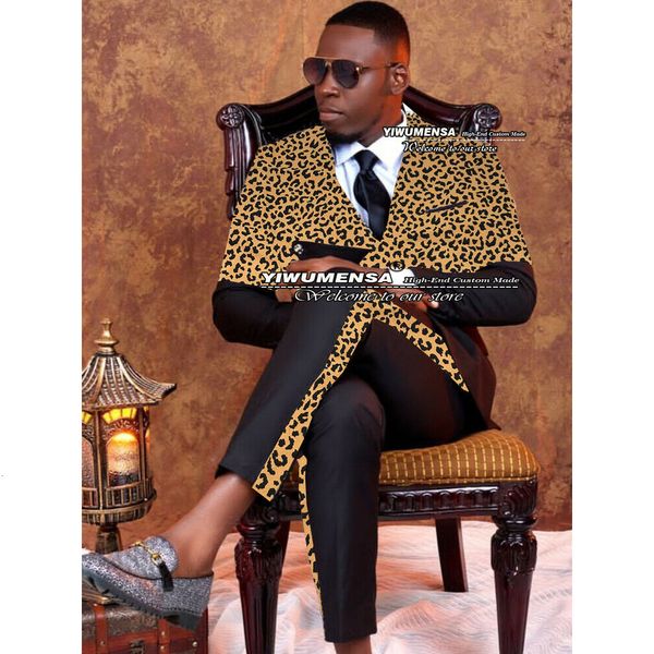 Мужские костюмы Blazers Black/Gold Leopard Suits Men Slim Fit Casual Daily Double Breed Pater Pan Design Последний курительный жених блейзер Trajes de Hombre 230130