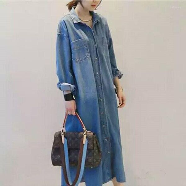 Camicette da donna Corea lunghi spacchi laterali camicia di jeans allentata abito cappotto sottile di grandi dimensioni arrivo casual donna Blusas De Damas top F1312