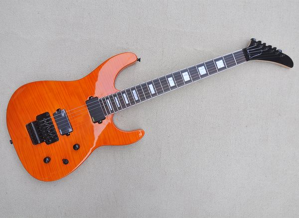 Orangefarbene E-Gitarre mit Floyd-Rose-Palisander-Griffbrett und Flame-Ahorn-Furnier