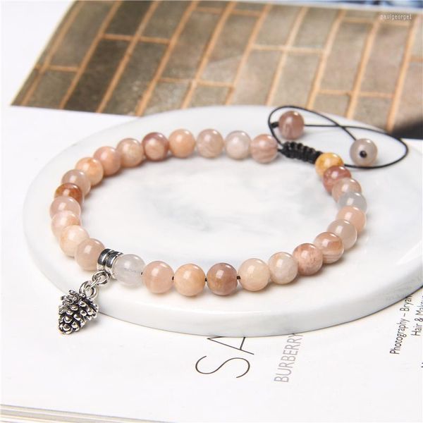 Pulseiras naturais ajustáveis ​​de fios para mulheres bracelete de 6 mm Bracelete fofa de pinheiro de abóbora pinha de pinheiro ametista jóias de pedra de sol