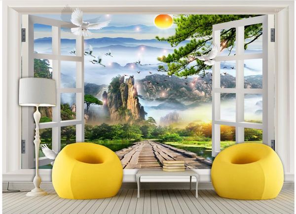 Tapeten 3D-Tapete, benutzerdefiniertes Wandbild, Vliesstoff, chinesische Landschaft, außerhalb des Fensters, Malerei, 3D-Wandbilder, Wallpaer für Wohnzimmer