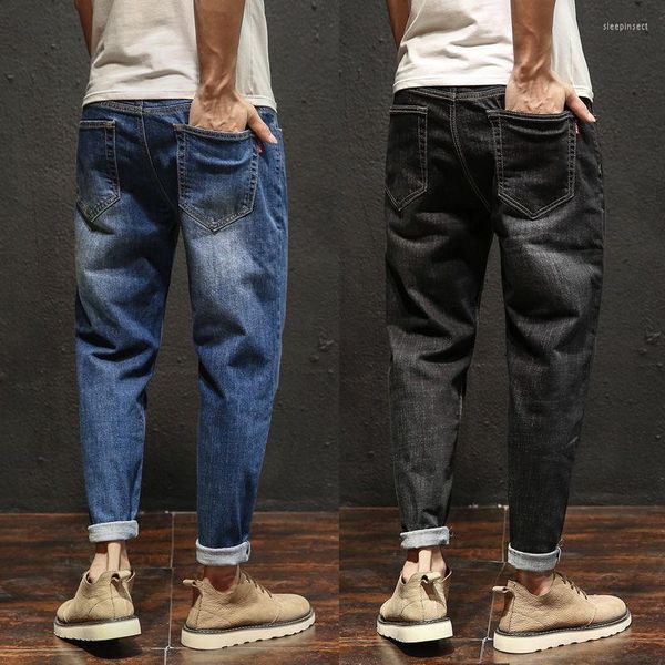 Calças de jeans masculinos de calças de tornozelo masculino de ferramentas largas de tamanho mais tamanho coreano da tendência harém de trecho preto azul casual