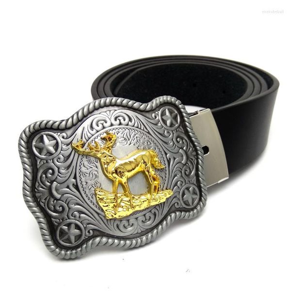 Cinture Cowboy occidentale per uomo Cintura con fibbie grandi Cervo Sika dorato Fibbia in metallo Cowgirl Pelle PU nera Jeans maschili CintoCinture Enek22