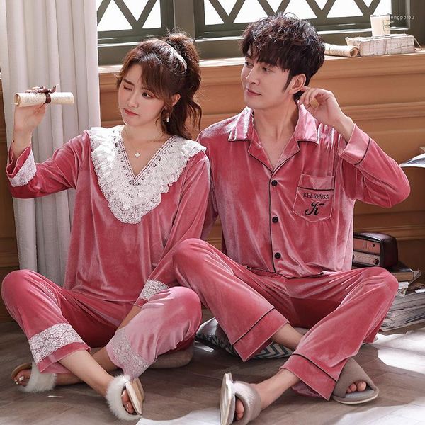 Pijama de casal para mulheres do sono feminino para homens homens de veludo de manga longa amantes do outono Velório de lingerie de lingerie de inverno