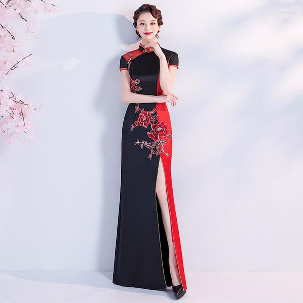 Ethnische Kleidung Schwarz-Rot Patchwork Satin Chinesisches Kleid Große Größe 3XL Frauen Qipao Sexy Applikation Blume Cheongsams Vintage Formale Party