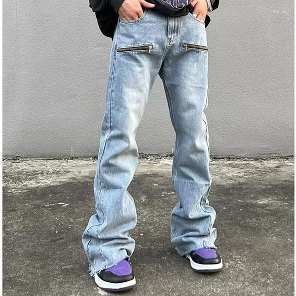 Jeans da uomo 2023 Vibe Style Zipper Retro Washed Baggy Men Flare Pants Streetwear Hip Hop Gamba larga Pantaloni in denim dritto Ropa Hombre
