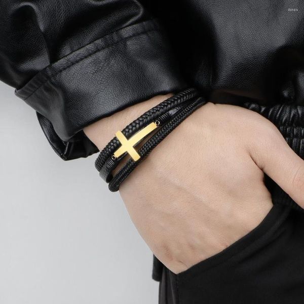 Charm Armbänder Vintage Lederarmband für Männer Retro Kreuz Titan Magnetverschluss Stahl Mehrschichtiger Schmuck Großhandel Zubehör Geschenke