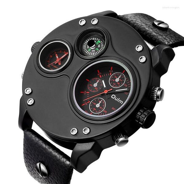 Avanadores de pulso Oulm 3741 Sports Watch Men Quartz 2 Fuso de fuso horário Exército Military Decoration Black Big Case Top Brand