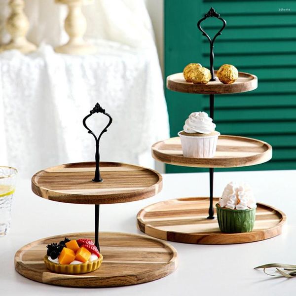 Piastre rimovibili piatto di frutta vassoio in legno con maniglia doppia strati tripli panino cupcake cupcake supporti per tea party