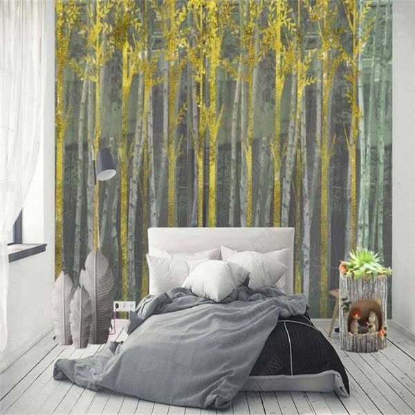 Papéis de parede tamanho personalizado abstrato floresta dourada árvores da sala de estar decoração de casa mural quarto 3d po papel de parede auto-adesivo