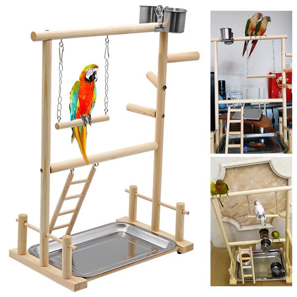 Altri articoli per animali domestici Supporti per pappagalli con tazza Giocattoli Vassoio Uccello Altalena Arrampicata Appeso Scala Ponte Legno Cockatiel Parco giochi Posatoi 36 * 23 * 51 cm 230130