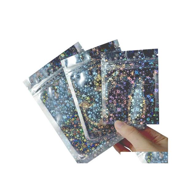 Paketleme çantaları yeniden kapatılabilir koku prosalı folyo torbası çanta düz mylar parti için gıda depolama holografik renk glitter yıldız damla dhq2s