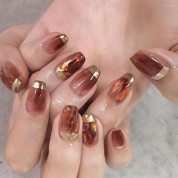 Ложные ногти 24pcs Nail French Gold Coffee Colore Coffine Fake Patch Patchail Full Cover для Girl Press на кончиках оптом