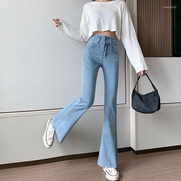 Jeans femininos Moda coreana Jean Elegant Bottom calça vintage Burrs High Caist Fared for Women Two Button Denim Troushers feminino 2023