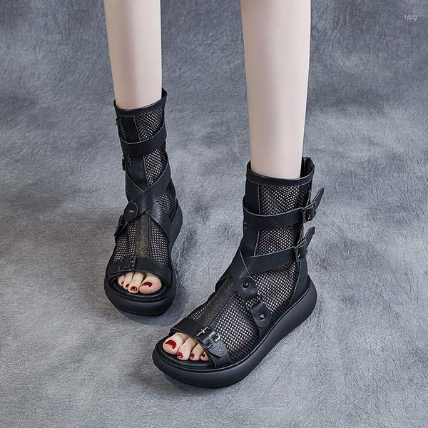 Сандалии готические летние туфли Женская гладиаторская дама модная пряжка сетка сетки лодыжки с открытыми ногами с молнией