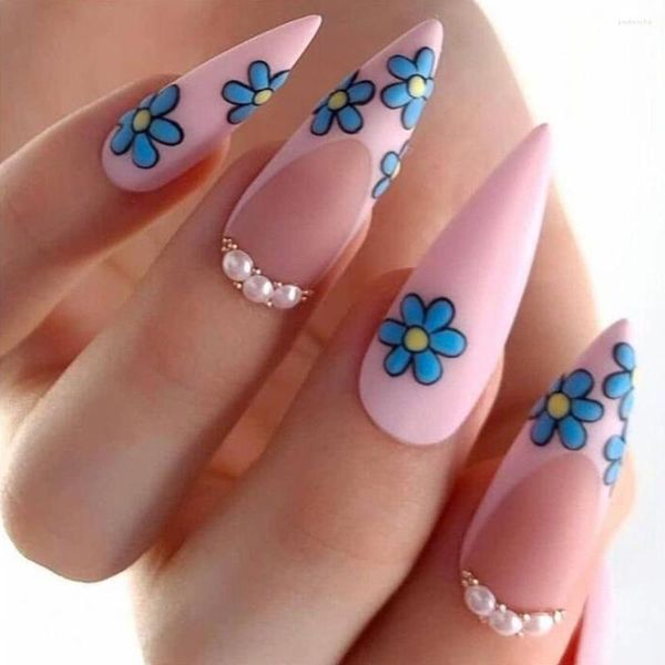 Unghie finte 24 pezzi rosa a spillo set press on con disegni moda fiore blu opaco finto francese lungo mandorla punte per unghie manicure