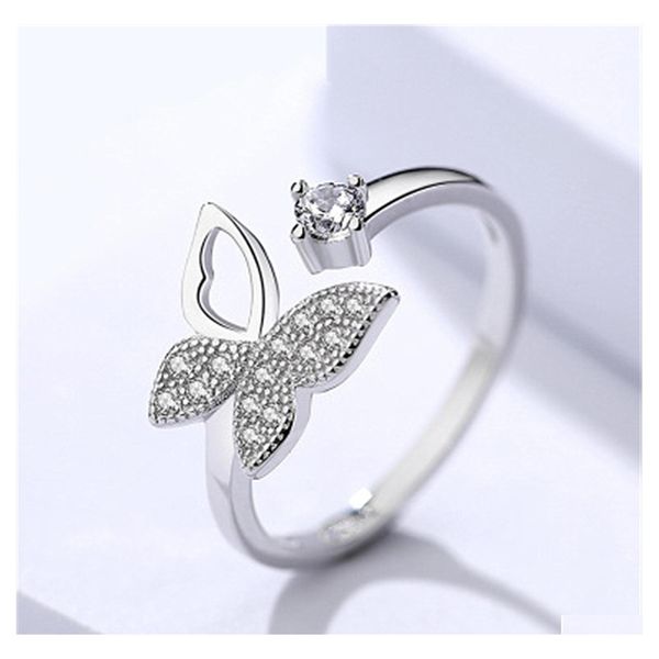 Полоса кольца настоящий чистый Sier Color Jewelry Zircon Butterfly Кольцо для женщин Свадебной палец Open Anillos Anelli Drop Delivery Dhmnk