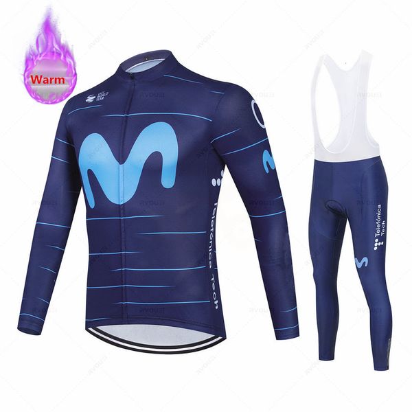 Jersey de ciclismo Define roupas de inverno de bicicleta Movistar roupas de manga longa Conjunto de pilota