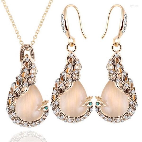 Halskette Ohrringe Set Luxus österreichischer Kristall Kreis Opal Pfau Pfauen Tropfen für Frauen Geschenk