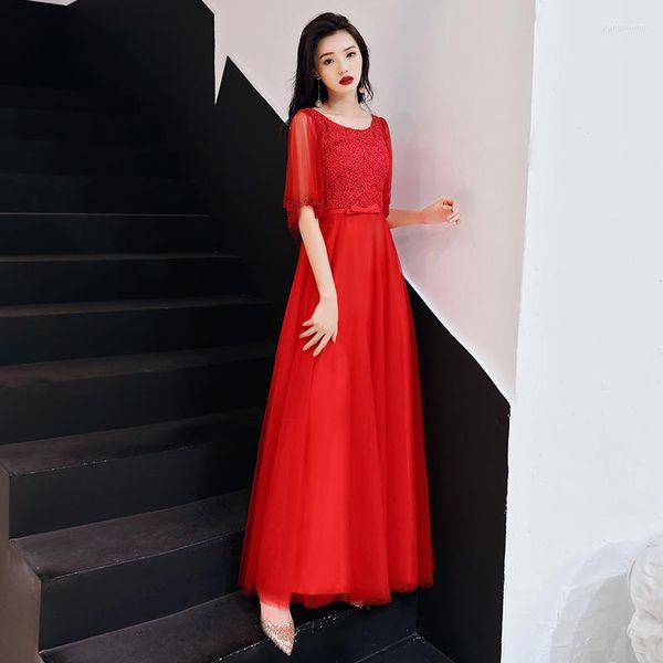 Roupas étnicas Sexy Red Qipao Flare Sleeve Pleated Bridal Wedding Party Dress Vester Vestor de renda de renda de retalhos Cheongsam Flor Bowknot Long