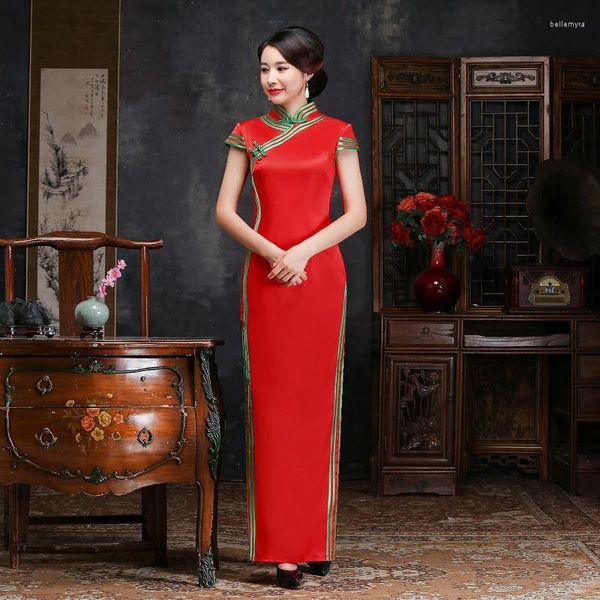 Roupas étnicas novidade chinesa tradicional mandarim blot button cheongsam vestor noturno de festa mulher longa garfo skinny qipao