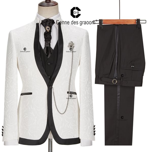 Ternos masculinos Blazers Cenne des Graoom Casamento Ternos formais para homens Ivory Paisley Blazer Black Tuxedo Pants com gravata de pescoço 4 peças Dinner Party 230130