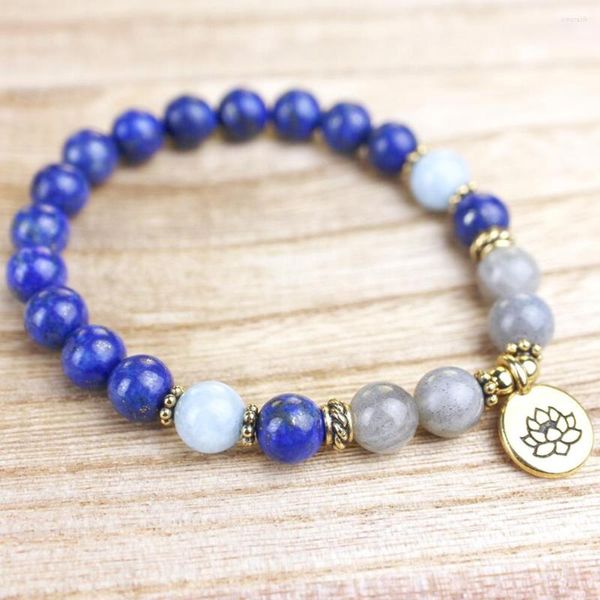 Pulseiras de link mg1337 um lapis natural lazuli lazuli mala bracelete labradorita de cura energia meditação de jóias