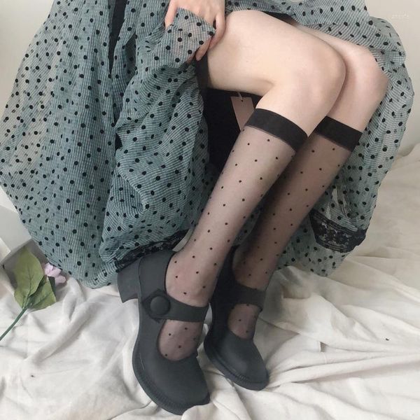Calze da donna Calze sexy con stampa a pois Calze alte al ginocchio in morbido nylon elastico a rete Ragazze Lolita Cute Fashion Gamba lunga nera