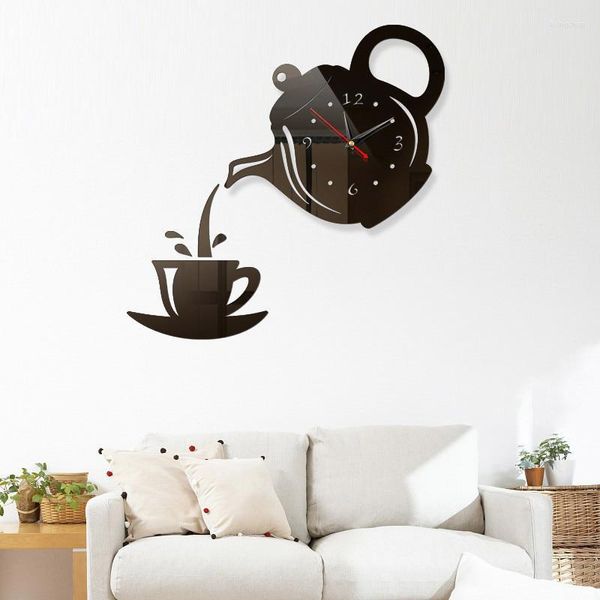 Relógios de parede bule de chá e xícara de reflex de relógio 3D DIY Relógios decorativos Relógios Decorativos Kettle Kettle Hanging Kitchen