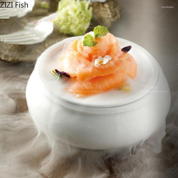 Placas Bandeja de nitrogênio líquido de gelo seco Creative Japanese Cuisine Sashimi Sushi Plate Home Kitchen Branco Redonda de Cerâmica Tableware