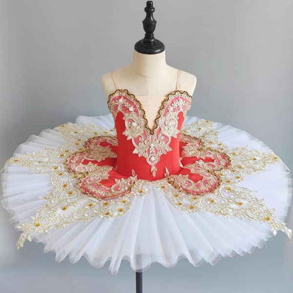 Gonna da balletto per bambini, tutù professionale in pizzo di cristallo rosso, costumi classici da ballerina di pancake per ragazze, vestito da festa